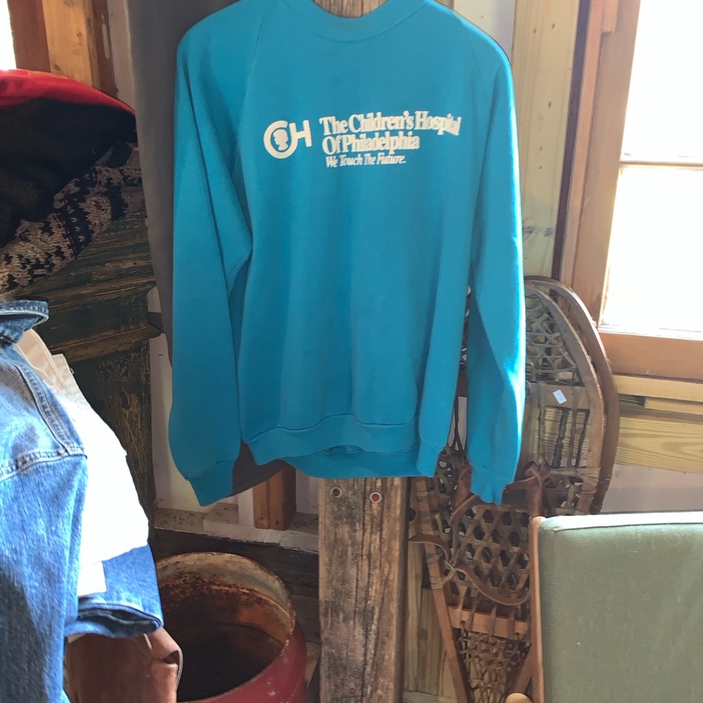 Jerzees Teal crewneck Tee with Hospital Logo Health  detail retro crackled